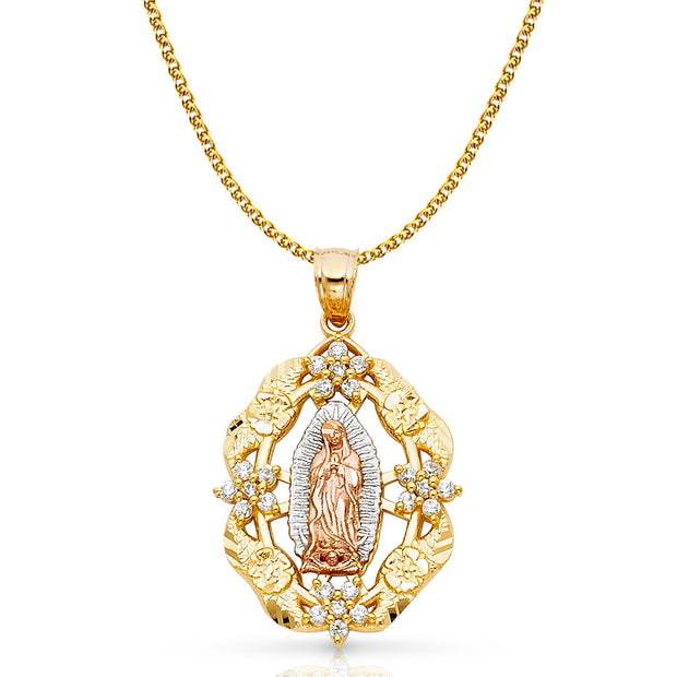 14K Gold CZ Guadalupe Charm Pendant with 1.7mm Flat Open Wheat Chain Necklace