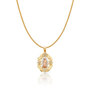 14K Gold CZ Guadalupe Charm Pendant with 1.1mm Wheat Chain Necklace