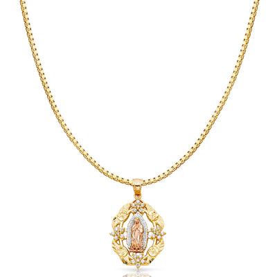 14K Gold CZ Religious Guadalupe Charm Pendant with 1.2mm Box Chain Necklace