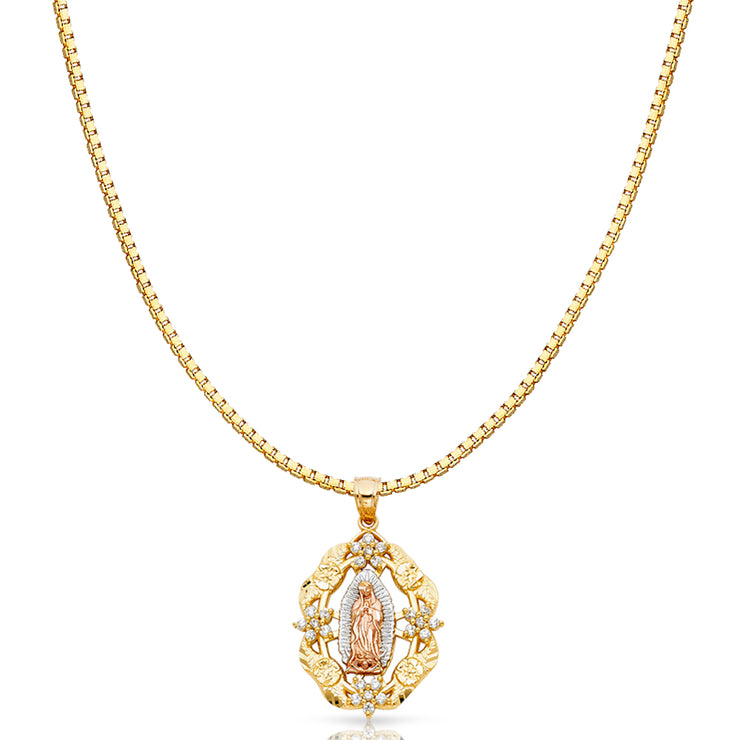 14K Gold CZ Religious Guadalupe Charm Pendant with 1.2mm Box Chain Necklace