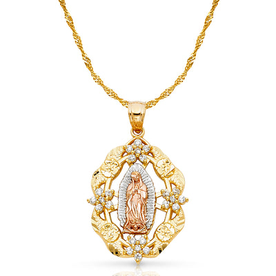 14K Gold CZ Guadalupe Charm Pendant with 1.8mm Singapore Chain Necklace