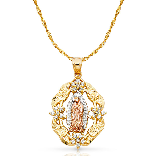 14K Gold CZ Guadalupe Charm Pendant with 1.8mm Singapore Chain Necklace