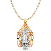 14K Gold Guadalupe Charm Pendant with 4.2mm Valentino Star Diamond Cut Chain Necklace