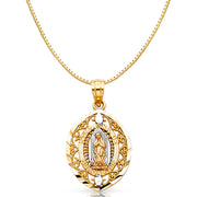 14K Gold Religious Guadalupe Charm Pendant with 0.8mm Box Chain Necklace