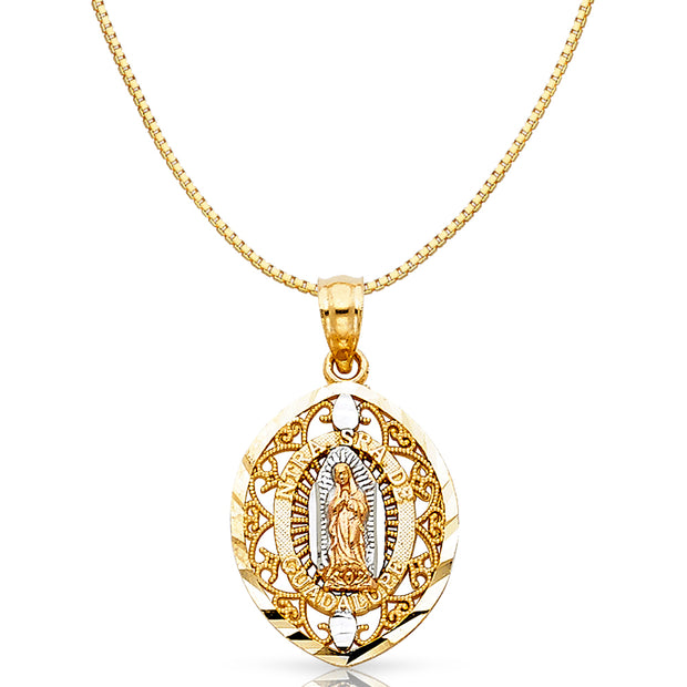 14K Gold Religious Guadalupe Charm Pendant with 0.8mm Box Chain Necklace