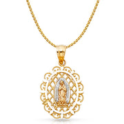 14K Gold Guadalupe Charm Pendant with 1.5mm Flat Open Wheat Chain Necklace