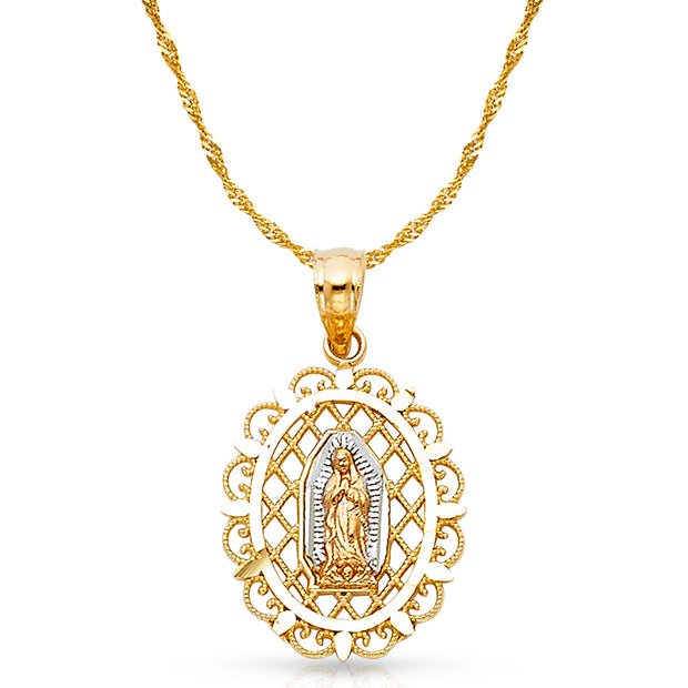 14K Gold Guadalupe Charm Pendant with 1.2mm Singapore Chain Necklace