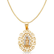 14K Gold Religious Guadalupe Charm Pendant with 0.8mm Box Chain Necklace