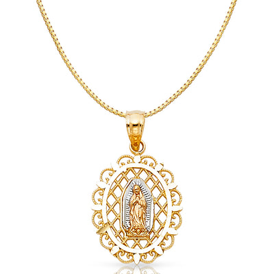 14K Gold Religious Guadalupe Charm Pendant with 0.8mm Box Chain Necklace