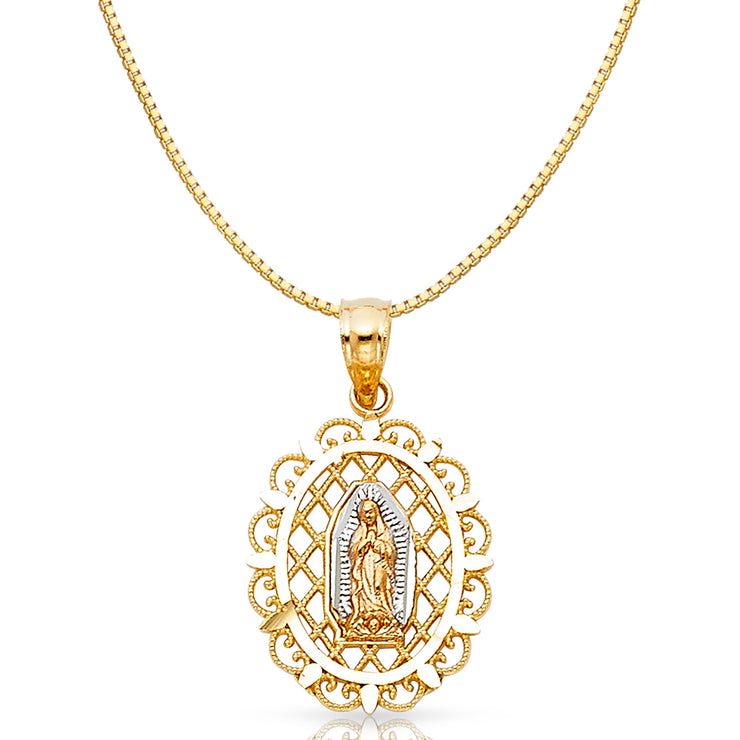 14K Gold Religious Guadalupe Charm Pendant with 0.8mm Box Chain Necklace