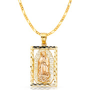 14K Gold Guadalupe Charm Pendant with 3.1mm Figaro 3+1 Chain Necklace