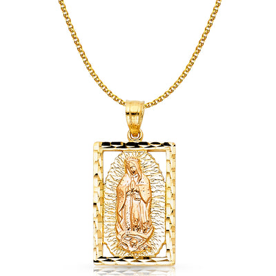 14K Gold Guadalupe Charm Pendant with 1.5mm Flat Open Wheat Chain Necklace