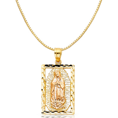 14K Gold Religious Guadalupe Charm Pendant with 0.8mm Box Chain Necklace