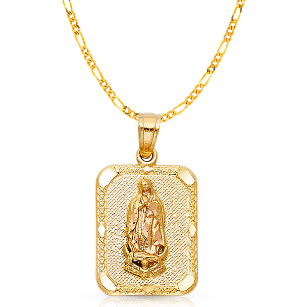 14K Gold Guadalupe Charm Pendant with 3.1mm Figaro 3+1 Chain Necklace