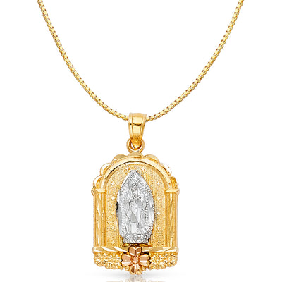 14K Gold Religious Guadalupe Charm Pendant with 0.8mm Box Chain Necklace