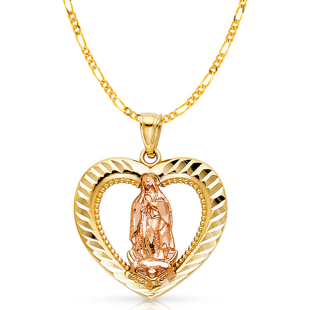 14K Gold Guadalupe Charm Pendant with 3.1mm Figaro 3+1 Chain Necklace