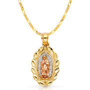 14K Gold Guadalupe Charm Pendant with 2.3mm Figaro 3+1 Chain Necklace