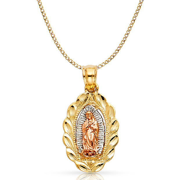 14K Gold Guadalupe Charm Pendant with 2.3mm Hollow Cuban Chain Necklace