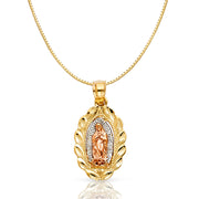 14K Gold Religious Guadalupe Charm Pendant with 0.8mm Box Chain Necklace