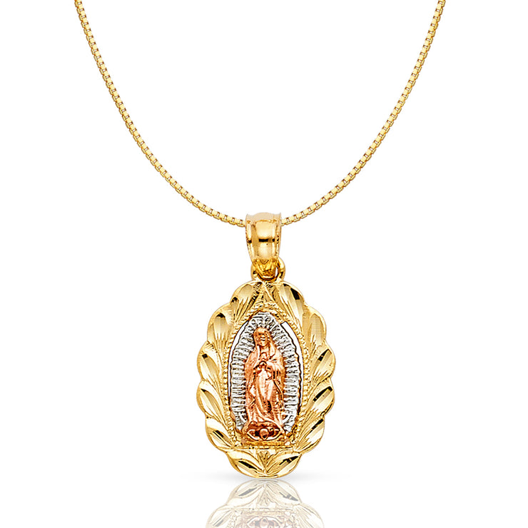 14K Gold Religious Guadalupe Charm Pendant with 0.8mm Box Chain Necklace