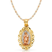 14K Gold Guadalupe Charm Pendant with 2.6mm Valentino Star Diamond Cut Chain Necklace