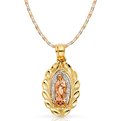 14K Gold Guadalupe Charm Pendant with 2.6mm Valentino Star Diamond Cut Chain Necklace