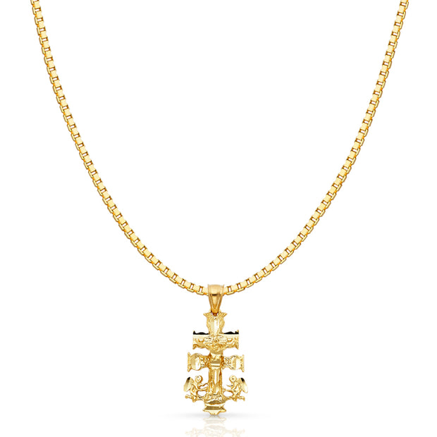 14K Gold Religious Cross of Caravaca Charm Pendant with 1.2mm Box Chain Necklace