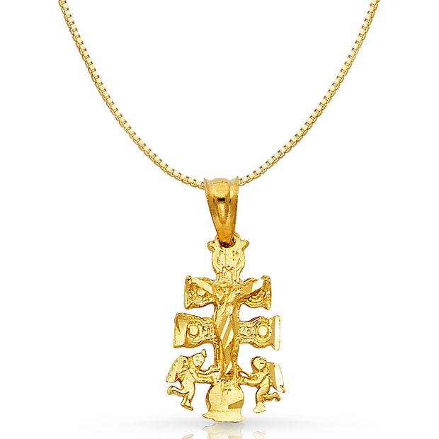 14K Gold Religious Cross of Caravaca Charm Pendant with 0.8mm Box Chain Necklace