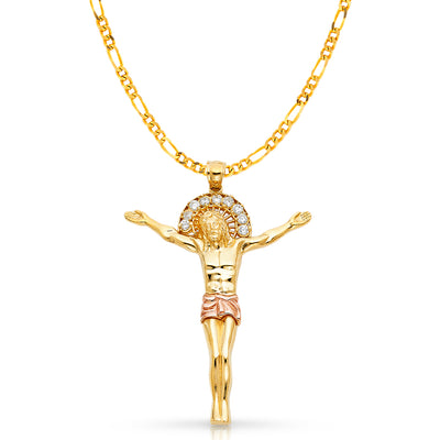14K Gold CZ Jesus Christ Body Charm Pendant with 3.8mm Figaro 3+1 Chain Necklace