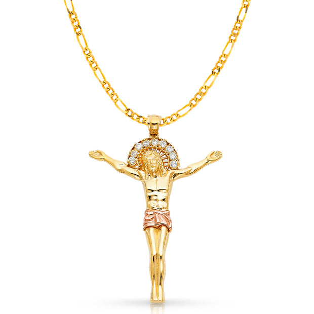 14K Gold CZ Jesus Christ Body Charm Pendant with 3.8mm Figaro 3+1 Chain Necklace