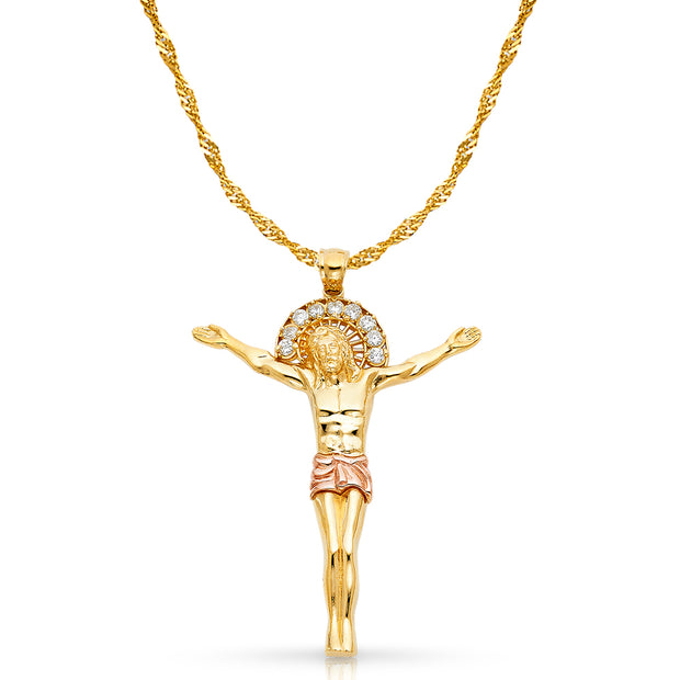 14K Gold CZ Jesus Christ Body Charm Pendant with 1.8mm Singapore Chain Necklace