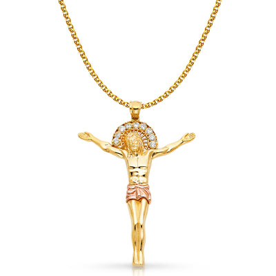 14K Gold CZ Jesus Christ Body Charm Pendant with 2mm Flat Open Wheat Chain Necklace