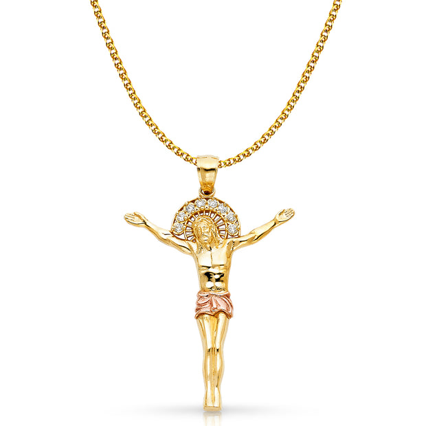 14K Gold CZ Jesus Christ Body Charm Pendant with 1.7mm Flat Open Wheat Chain Necklace