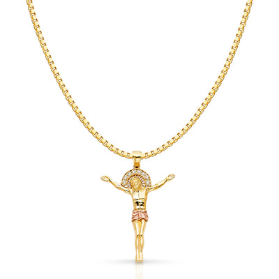 14K Gold CZ Religious Jesus Christ Body Charm Pendant with 1.2mm Box Chain Necklace