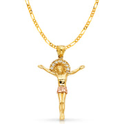 14K Gold CZ Jesus Christ Body Charm Pendant with 3.1mm Figaro 3+1 Chain Necklace