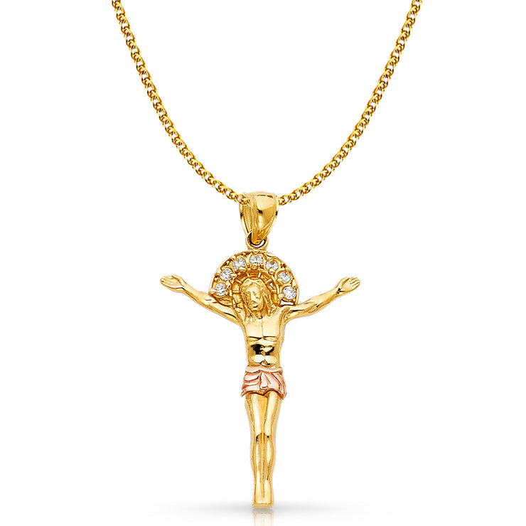 14K Gold CZ Jesus Christ Body Charm Pendant with 1.7mm Flat Open Wheat Chain Necklace