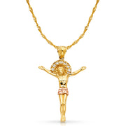 14K Gold CZ Jesus Christ Body Charm Pendant with 1.8mm Singapore Chain Necklace