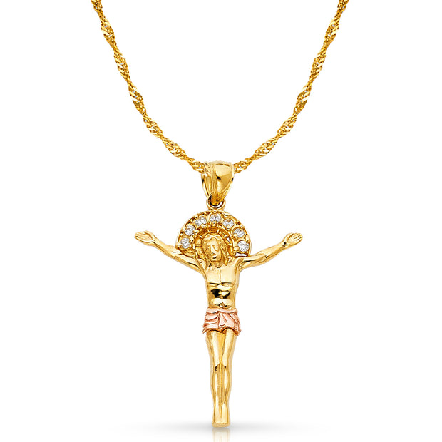 14K Gold CZ Jesus Christ Body Charm Pendant with 1.8mm Singapore Chain Necklace