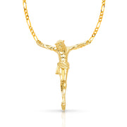 14K Gold Jesus Christ Body Charm Pendant with 3.1mm Figaro 3+1 Chain Necklace