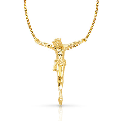 14K Gold Jesus Christ Body Charm Pendant with 1.7mm Flat Open Wheat Chain Necklace