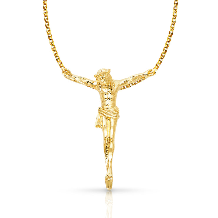 14K Gold Jesus Christ Body Charm Pendant with 1.7mm Flat Open Wheat Chain Necklace