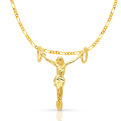 14K Gold Jesus Christ Body Charm Pendant with 2.3mm Figaro 3+1 Chain Necklace