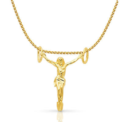 14K Gold Jesus Christ Body Charm Pendant with 1.7mm Flat Open Wheat Chain Necklace