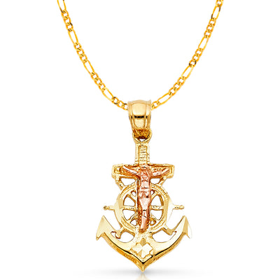 14K Gold Crucifix Anchor Charm Pendant with 3.8mm Figaro 3+1 Chain Necklace