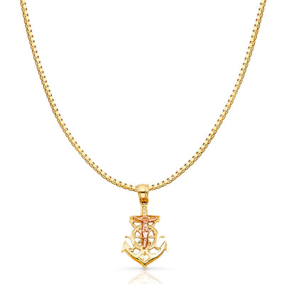 14K Gold Religious Crucifix Anchor Charm Pendant with 1.2mm Box Chain Necklace