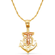 14K Gold Crucifix Anchor Charm Pendant with 1.8mm Singapore Chain Necklace