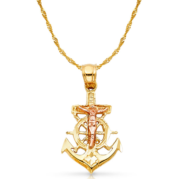 14K Gold Crucifix Anchor Charm Pendant with 1.8mm Singapore Chain Necklace