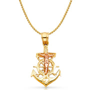 14K Gold Crucifix Anchor Charm Pendant with 2mm Flat Open Wheat Chain Necklace