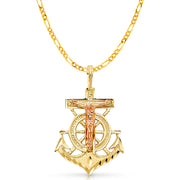 14K Gold Crucifix Anchor Charm Pendant with 3.8mm Figaro 3+1 Chain Necklace