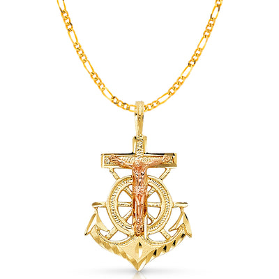 14K Gold Crucifix Anchor Charm Pendant with 3.8mm Figaro 3+1 Chain Necklace